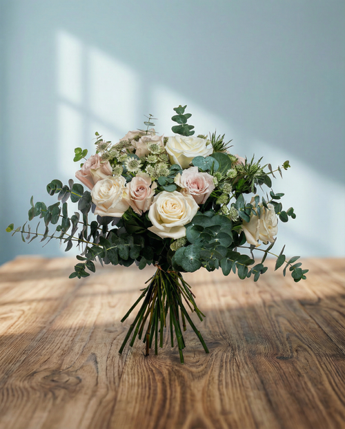 Rose Ecuador Playa Blanca White, Rose Ecuador Shimmer Peach, Eucalyptus Cinerea.