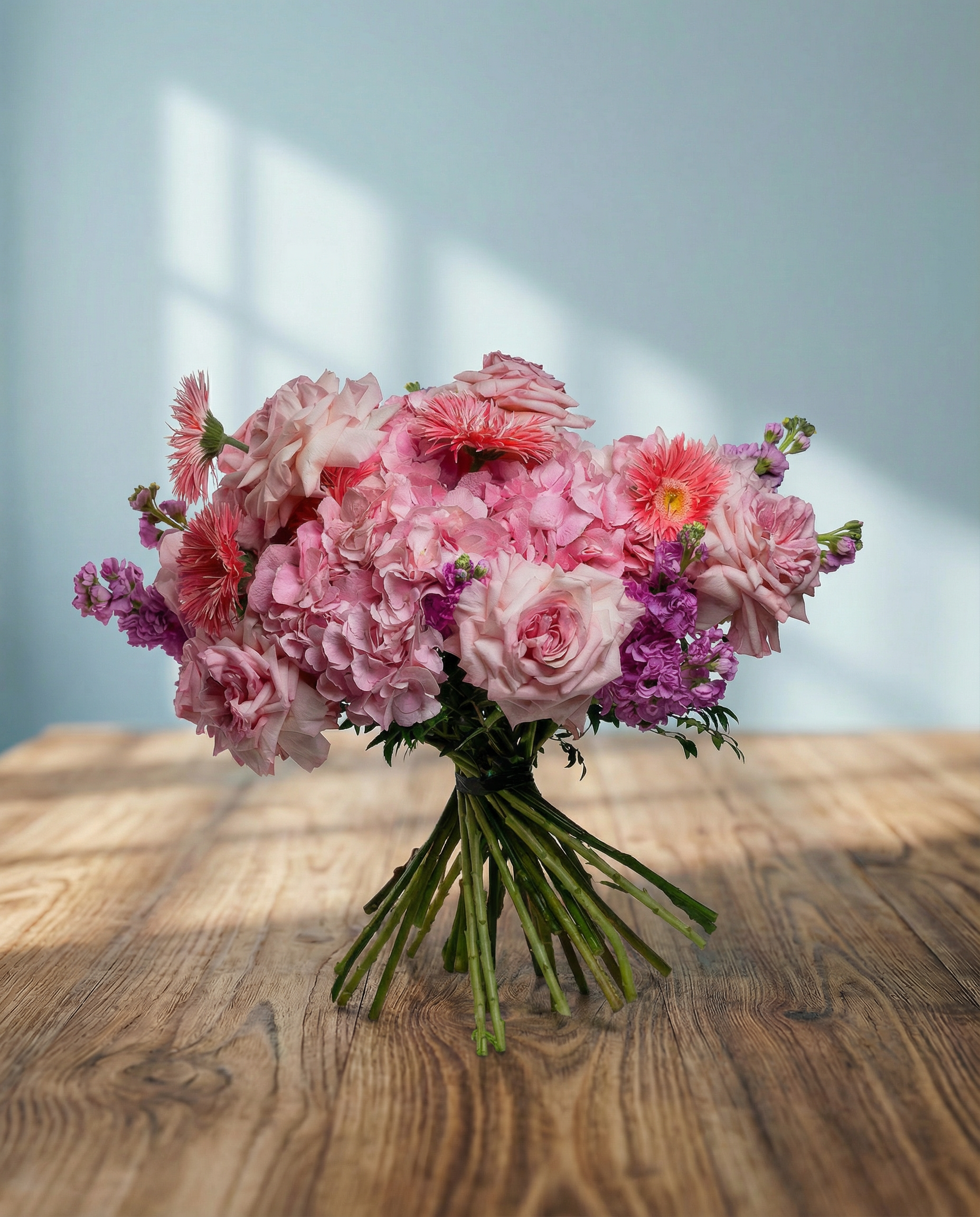 Hydrangea Force Pink, Mathiola Pink,
Gerbera Spider Emotion Pink, Rose Uhuru O'Hara Pink, Ruscus Single Green.
