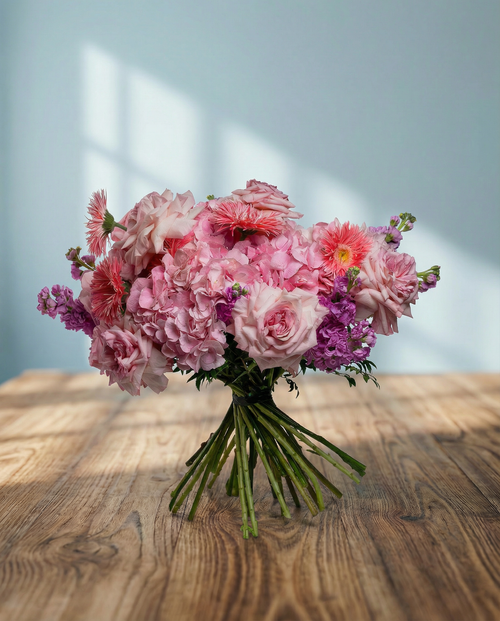 Hydrangea Force Pink, Mathiola Pink,
Gerbera Spider Emotion Pink, Rose Uhuru O'Hara Pink, Ruscus Single Green.
