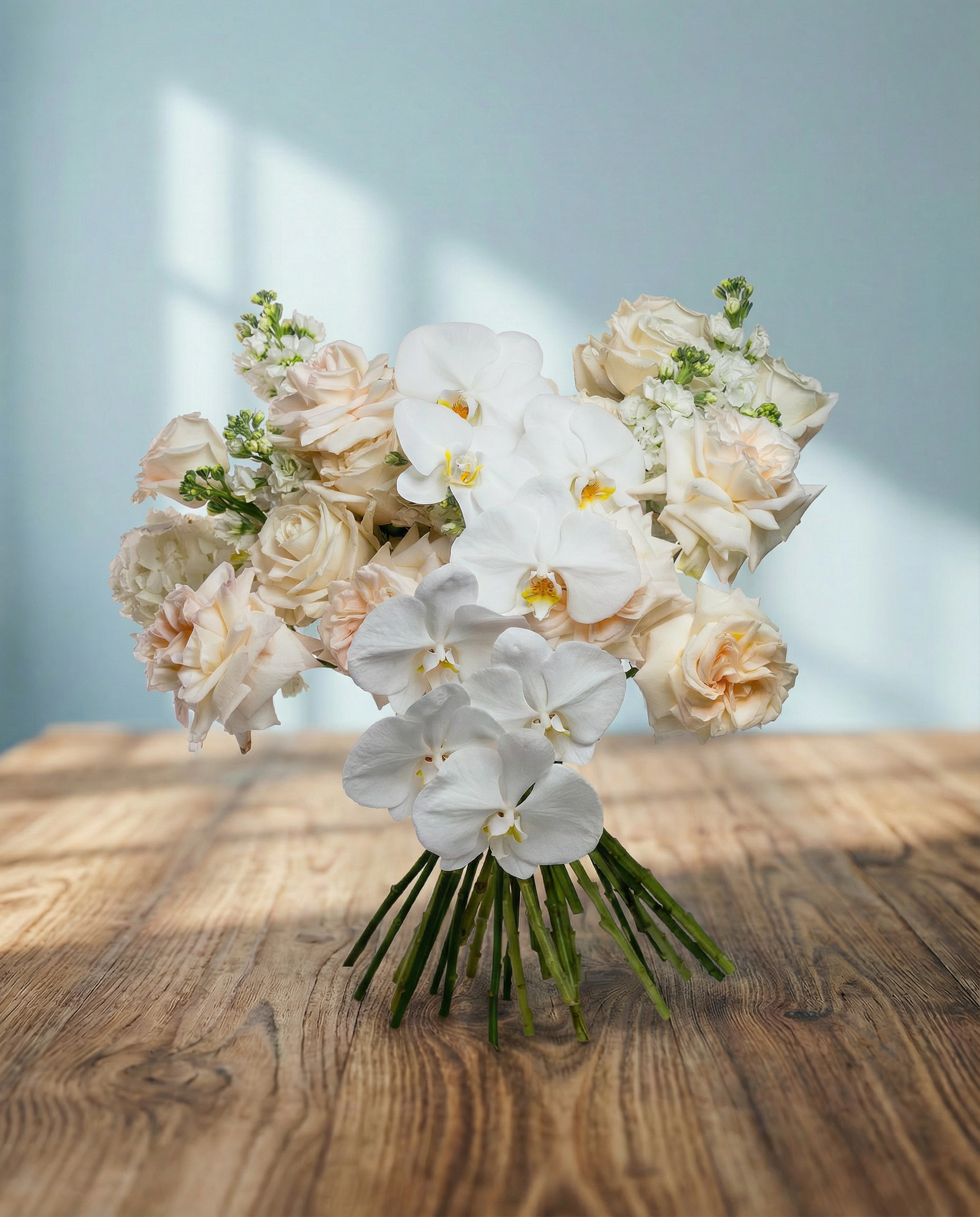 Mathiola White, Rose Uhuru O'Hara Pink, Rose Uhuru O'Hara White, Phalaenopsis Sensation White.