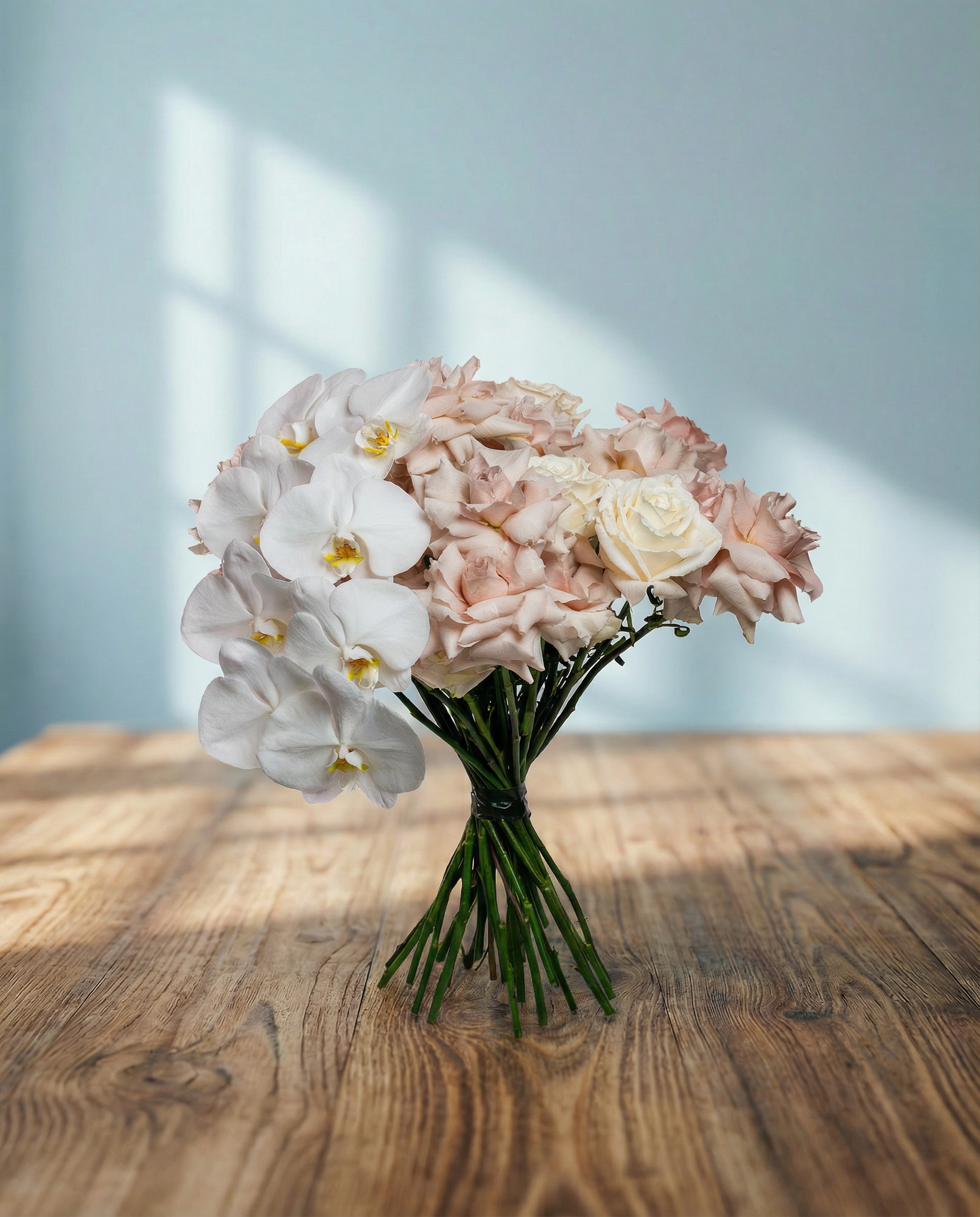 Rose Ecuador Pink Floyd Dark, Phalaenopsis Sensation White.